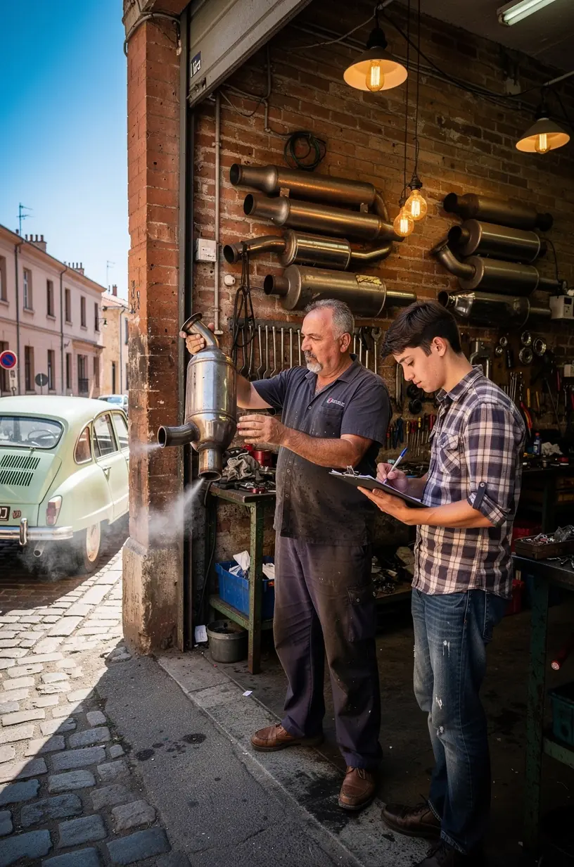 Vue rapprochée d’un silencieux automobile neuf prêt à être installé dans un atelier de réparation français.